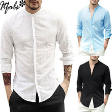 Модные повседневные мужские Базовые Рубашки с длинным рукавом, летние хлопковые льняные топы с v-образным вырезом, рубашки, мускулистые футболки, черные, синие, серые, белые 2024 - купить недорого