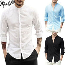 Camisas básicas masculinas de algodão, camisetas casuais da moda e de manga longa, para o verão, de linho, com decote em v, camisetas musculares, preto, azul, cinza e branco 2024 - compre barato