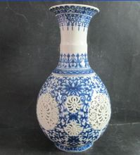 11,42 pulgadas/exquisito Jarrón chino clásico hecho a mano azul y blanco de porcelana ahuecado de dos niveles 2024 - compra barato