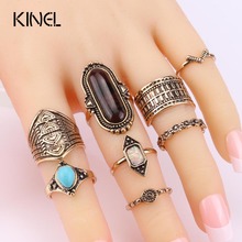 Kinel 8pcs/Sets Boho Beach Midi Ring For Women Vintage Tibetan Turkish Crystal Gold Color Flower Knuckle Rings Gift 2024 - buy cheap