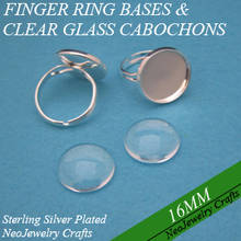 16mm Shiny Silver Bezel Ring Setting, Adjustable Finger Ring Tray with Matching Clear Glass Cabochons 2022 - купить недорого