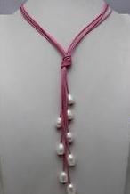 Novidade joias de pérola natural rosa couro branco água doce colar de pérola 19 ''cordão joias artesanais 2024 - compre barato
