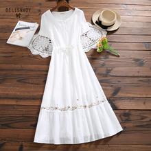Mori Girl-Vestido Midi con bordado Floral para mujer, Vestido blanco de lino y algodón, manga corta, elegante, para fiesta 2024 - compra barato