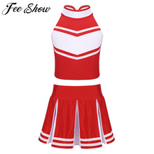 FEESHOW Kids Girls Cheerleading Costume Outfit Sleeveless Zippered Tops Pleated Skirt Set School Stage Performance Cosplay Party 2024 - buy cheap