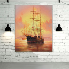 Handmade Seascape Modern Picture on Canvas Wall Art Scenery Warship Painting For Living Room Decor Sunrise Oil Painting 2024 - buy cheap