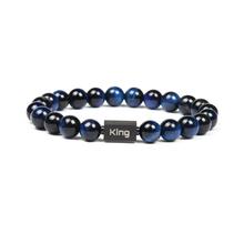 Ailatu Brand Stainless Steel Cube Engrave Logo King and Queen Bracelet 8mm Natural Blue Tiger Eye Stone Couple Jewelry Wholesale 2024 - buy cheap