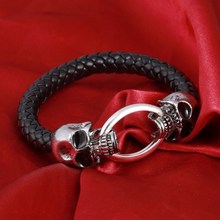 Classical Black Handmade Leather Chain Weaved Man Skull Bracelets Fashion New Magnet Clasp 316L Stainless Steel Wristband 2024 - buy cheap