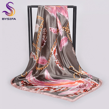 [Bysifa] café rosa cachecóis para mulheres foulard nova marca corrente de penas xales cabeça scarfs 90*90cm cetim seda lenço quadrado hijab 2024 - compre barato