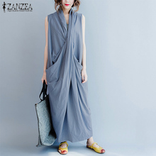 New ZANZEA Fashion Women Solid Sleeveless Loose Long Dress Casual Summer Deep V Neck Elegant Work OL Split Hem Long Tank Vestido 2024 - buy cheap