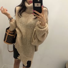 Jersey informal de acrílico para mujer, suéter de cuello alto Irregular, ropa holgada de invierno, Poncho desgastado, 2018 2024 - compra barato