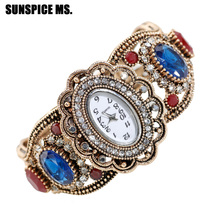 SUNSPICEMS-Reloj de pulsera de cuarzo para mujer, cronógrafo de estilo Retro Vintage, con brazalete de resina, Color dorado antiguo, regalo de boda de la India 2024 - compra barato