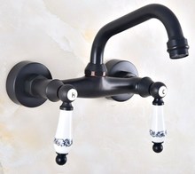 Kitchen Wet Bar Bathroom Vessel Sink Faucet Black Oil Rubbed Brass Wall Mounted Swivel Spout Mixer Tap Dual Ceramic Lever mnf822 2024 - buy cheap