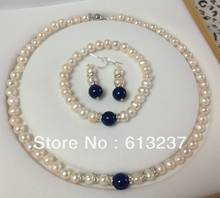 free Shipping new 2014 Fashion DIY 8-9mm Freshwater Pearl  Lapis Beads Necklace Bracelet Earring Set 18" YE00011 2024 - buy cheap