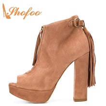 Shofoo mujer primavera marrón gamuza Peep Toe tacones altos botines con flecos Casaul zapatos para mujer, talla grande 4-16 clásico 2024 - compra barato