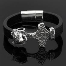 Nordic viking stainless steel odin wolf head thor hammer Mjolnir bracelet -with viking gift bag 2024 - buy cheap