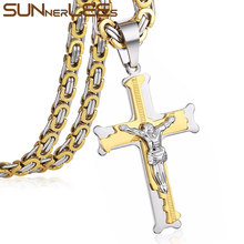 SUNNERLEES Stainless Steel Jesus Christ Cross Pendant Necklace Byzantine Link Chain Silver Color Gold Plated Men Boy Gift SP207 2024 - buy cheap