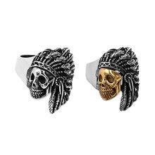 Mais novo prata cor ouro indiano crânio anel de aço inoxidável jóias do vintage pena crânio biker homens anel feminino atacado 863b 2024 - compre barato