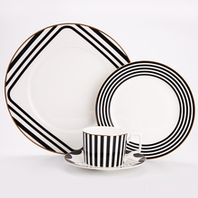 Conjunto de talheres de osso china, prato de café e pires, talheres preto e branco, bandeja listrada, prato de sobremesa 2024 - compre barato