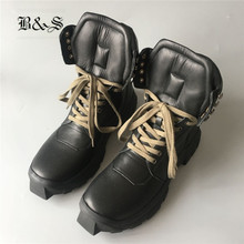 Preto & rua imagem real plataforma de couro genuíno botas masculinas punk do exército verde sapatos cadarços botas de treinador 2024 - compre barato