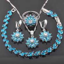 Christmas Gift New Flower Sky Blue Zirconia Silver Color Women Jewelry Sets Bracelet Necklace Pendant Earrings Ring QS0433 2024 - buy cheap