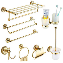 Европейский античный золотой набор аксессуаров для ванной комнаты, твердая латунь, фурнитура, Круглый основание, полированные наборы для ванной комнаты 2024 - купить недорого