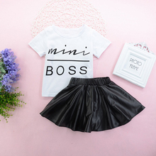 New 2PCS Toddler Kids Girl Clothes Set Summer Short Sleeve Mini Boss T-shirt Tops + Leather Skirt Outfit Child Suit New 2024 - buy cheap
