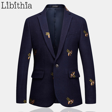 Mens One Button Blazer Bee Embroidery Wedding Smart Casual Slim Fit Jacket High Quality Big Size 6XL Navy Blue Clothes Male T208 2024 - buy cheap