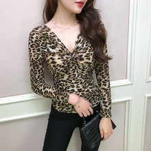 Leopard Print Woman T Shirt 2020 Korean Style Spring Autumn Sexy Deep V Neck Long Sleeve T-shirt Dance Tops 2024 - buy cheap