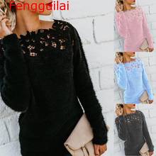 Fengguilai Women Loose Knitted Pullover Jumper Sweater O Neck Long Sleeve Knitwear Top Lace Floral Collar Winter 2024 - buy cheap