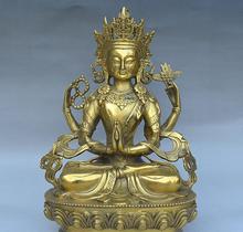 YM  324   9"Tibet Buddhism Temple Bronze Seat Lotus 4 Hands 4 arms Chenrezig Buddha Statue 2024 - buy cheap