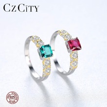 CZCITY Exquisite 925 Sterling Silver Square Rings for Women for Wedding Luxury CZ Red and Green Gemstone Jewelry Christmas Gift 2024 - buy cheap