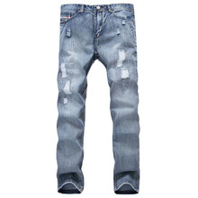 Модные брендовые Дизайнерские мужские рваные джинсы, брюки светло-голубого цвета, облегающие потертые джинсовые джоггеры, мужские рваные джинсовые брюки больших размеров 42 2024 - купить недорого