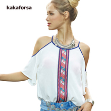 Kakaforsa camiseta feminina de chiffon, camiseta feminina plus size com estampa fora do ombro e alça espaguete, camiseta casual solta e gola em o 2024 - compre barato