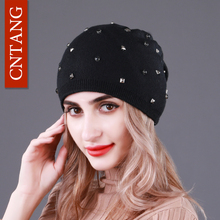 CNTANG 2021 Women Knitted Hat Winter Wool Rivet Inlay Cap Ladies Beanies Fashion Hats For Women's Double Layer Warm Skullies 2024 - buy cheap
