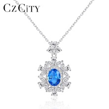 Czcity lindo colar com pingente de flor safira, grande, para mulheres, prata esterlina 925, topázio, joias finas para casamento 2024 - compre barato