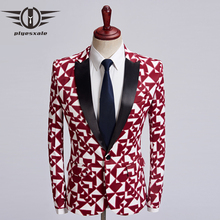 Plyesxale Brand Mens Slim Fashion Blazers Black Red Geometric Printed Blazer Jacket Unique Pattern Designs Male Stage Wear Q464 2024 - buy cheap