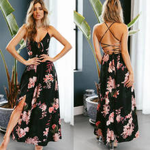 Women V Neck Spaghetti Straps Floral Printed Dresses Lace up Backless Slit Side Long Maxi Dress 2024 - buy cheap
