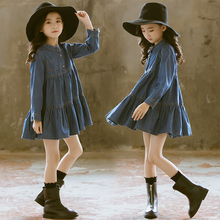 New Girls Spring Fall Spliced Denim Dress Korean Children's Princess Long Sleeve Dresses 4-13 Yrs Old Kids Pleated One Piece B80 2024 - buy cheap