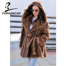 Fursarcar luxo real casaco de pele de vison moda feminina novo inverno quente jaqueta com grande capuz de pele estilo saia feminina casaco de pele de vison 2024 - compre barato