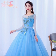 New light blue full sleeve floor length lady girl women princess bridesmaid banquet party ball dress gown 2024 - buy cheap