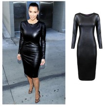 JIEZuoFang Fashion Women Bandage Dress PU Dress Leather Long Sleeve Sexy Party Bodycon Women's Clubwear Midi Vestidos 2024 - buy cheap