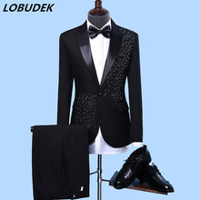 Men's Formal Suits Black white Crystals Slim Blazers Group musical performance Costume Wedding Party Prom Host singer Stage suit 2024 - buy cheap