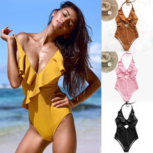 Hot Women Backless One-Piece Bikini Ruffles Solid Halter Monokini Hollow Push Up Padded Swimsuit Swimwear Beach Bathing Suit 2024 - buy cheap