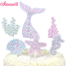 Amawill 6pcs Mermaid Starfish Seahorse Seaweed Glitter Cake Topper Birthday Party Decorations Kids Baby Little Mermaind Party 7D 2024 - buy cheap