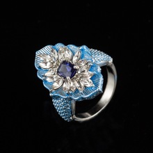 Alta qualtiy luxo feminino azul anel de pedra elegância prata folha de casamento flor anel promessa amor anéis de noivado para mulher 2024 - compre barato