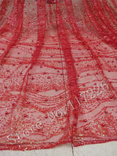 Red color 5 yards glued glitter lace fabric with  pearls on sale JRB-32916 glitter mesh material for evening dress 2024 - buy cheap