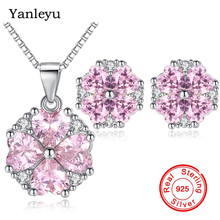 Yanleyu-Conjunto de joyería nupcial para novia de lujo, Plata de Ley 925, corazón de zirconia cúbica rosa, collar de trébol de cuatro hojas, pendientes PS007 2024 - compra barato