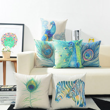 American Rural Watercolor Peacock Feather Pillow Cover Blue Green Zebra Cushion Home Decorative PillowCase for Office Sofa 2024 - buy cheap