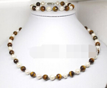 .378 Beauty Natural 7-8mm White Pearl& 8mm Tiger Eye Stone Necklace Bracelet A Set 2024 - buy cheap