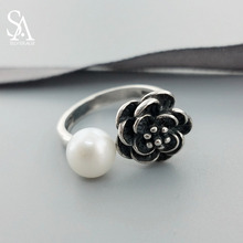 Anéis de prata esterlina 925, anéis vintage de pérola, joia de luxo, anel de flores, anéis ajustáveis para mulheres, presente 2024 - compre barato